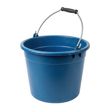 Blue plastic bucket with a metal handle and a black grip isolated on transparent background