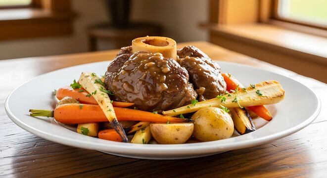 Delicious braised beef shank with roasted carrots and potatoes on a plate. veal osso bucco