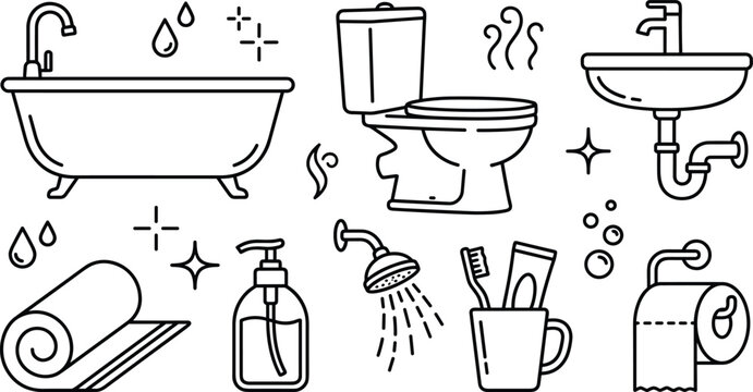 Bathroom plumbing and furniture line icon set with bathtub toilet sink shower head vector illustration