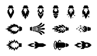 Obraz premium Rocket and Fire Icons Set, Vector Graphics for Space Exploration and Speed Concepts, Black and White Propulsion Elements
