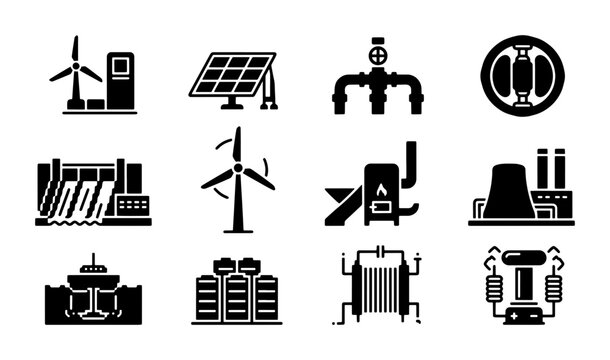 Renewable Energy Icons Set, Clean Power Generation Symbols, Sustainable Electricity Sources, Eco-Friendly Industry Graphics, 12 Vector Elements
