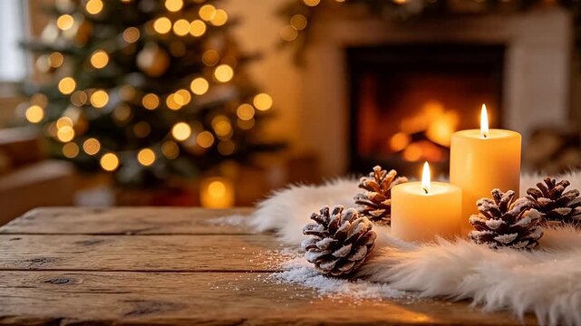 Candles and pinecones on wooden table