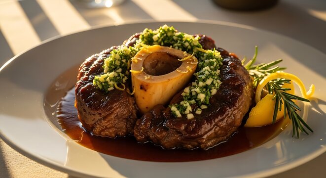 Delicious osso buco veal shank with fresh green gremolata herbs on a plate. veal osso bucco