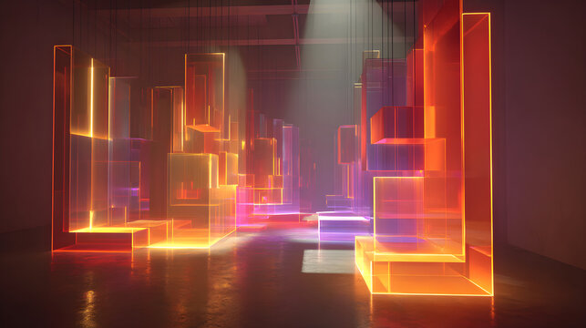 Vibrant 3d rendering of glowing translucent rectangles in a dark room