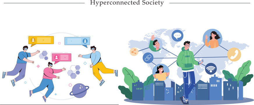 Hyperconnected Society Flat Vector Illustration of Virtual Reality Workspace, Metaverse Collaboration, Global Smart City, Digital Networking, and Telecommunications