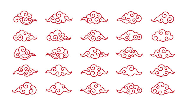Decorative asian style red cloud line icon and illustration set. Chinese style clouds. Traditional korean clouds.