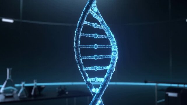 Rotating blue DNA double helix laboratory biotech visualization