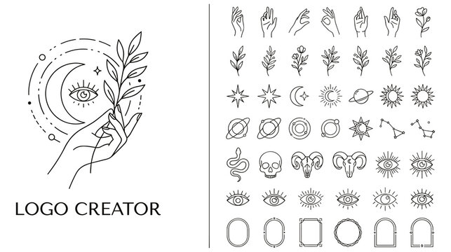 Minimalist line art logo creator with celestial and mystical symbols.