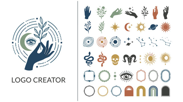 Mystic logo creator with celestial hand moon and eye icons set vector.