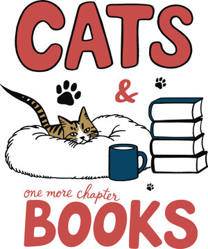 Cats and Books hand drawn vector illustration, cozy tabby cat on fluffy pillow with book stack, one more chapter quote for t-shirt design