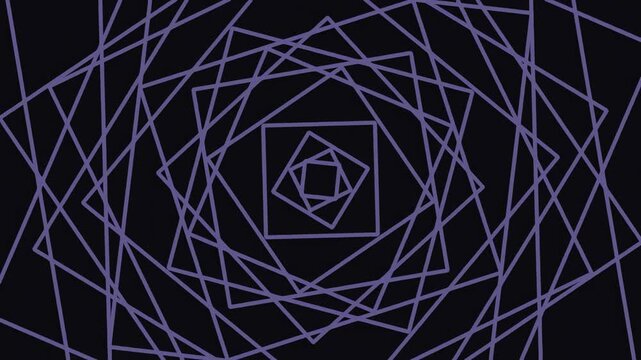 Geometric abstract pattern of nested squares and lines in purple and gold on black