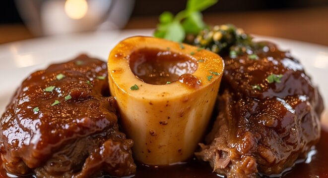 Delicious osso buco veal shank dish with rich brown sauce and fresh green herbs on a plate. veal osso bucco