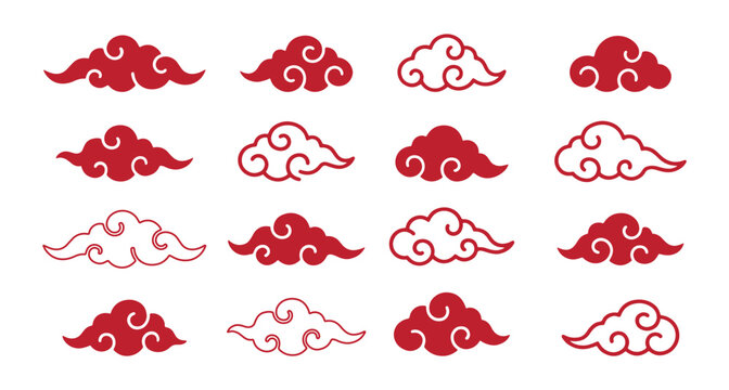 Decorative asian style red cloud icon and illustration set. Chinese style clouds. Traditional korean clouds.
