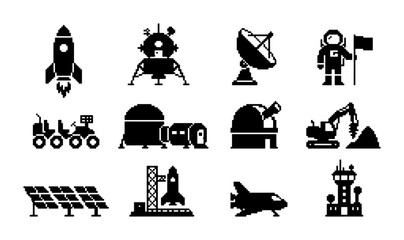 Space Exploration Icons Set: Rocket, Astronaut, Lunar Lander, Satellite Dish, Observatory, Rover, Space Station, Excavator, Solar Panels, Launchpad, Jet, Control Tower © PixelArtBox