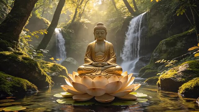 Buddha statue in forest with waterfall