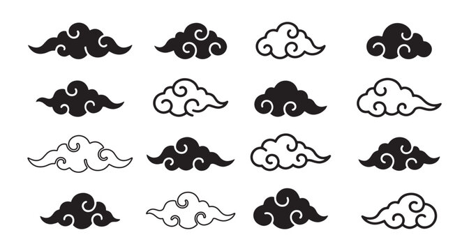 Chinese style clouds set. Traditional korean clouds. Flat chinese or japanese red cloud silhouettes, decorative asian festival elements. Vector illustration