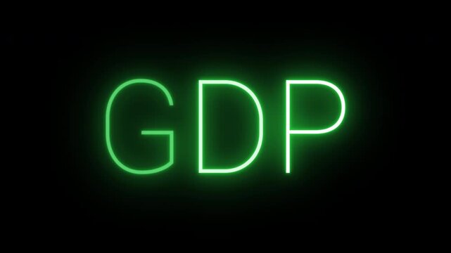 Flickering neon green glowing GDP sign animated black background.