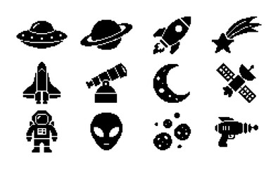 Space Icons Set: UFO, Rocket, Astronaut, Alien, Planet, Telescope, Moon, Satellite, Star, Galaxy, Cosmic Objects, Retro Ray Gun Vector Graphics © PixelArtBox