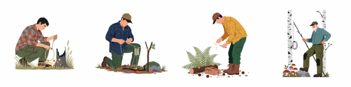 Illustrations of hunters and trappers setting up various animal traps and snares in a forest setting for survival and hunting.