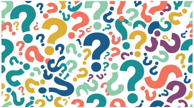 Colorful question marks scattered randomly on white background, abstract pattern.