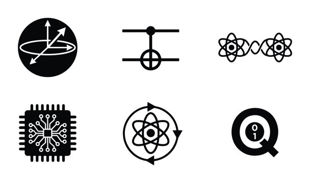 Quantum Computing Icons Set, Quantum Physics Symbols, Circuitry, Atomic Structure, Data Science