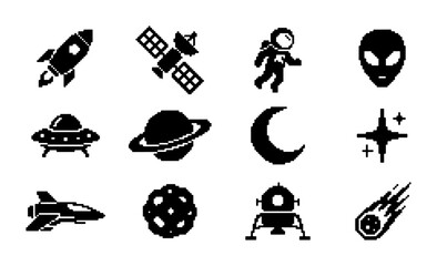 Space Icons Set: Rocket, Astronaut, Alien, UFO, Planet, Moon, Stars, Spaceship, Asteroid, Lander, Comet - Vector Graphics for Sci-Fi & Exploration Themes © PixelArtBox