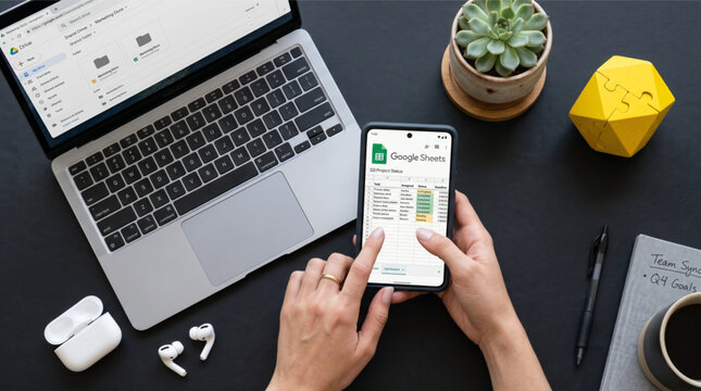 Person holding a smartphone with Google Sheets app displaying a project status spreadsheet next to a MacBook Air laptop on a black desk with coffee, succulent, and office accessories. Flat lay.