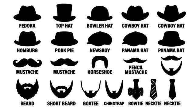 Hat Icon Set with Fedora, Top Hat, Bowler, Cowboy, Panama, Pork Pie, and Mustache and Beard Accessories