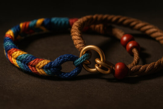 Handmade friendship bracelet made from colorful woven thread and natural rope with brass ring connector displayed on dark background surface reflecting traditional craft