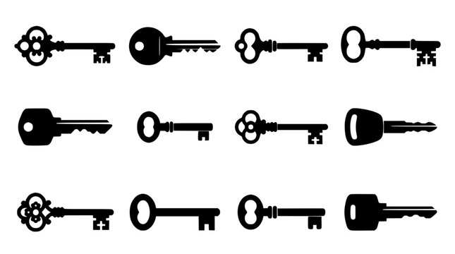 Key Icon Set with Different Key Shapes and Isolated Outline Style for Security and Home Access Featuring Keys, Lock, Unlocking with Keyhole