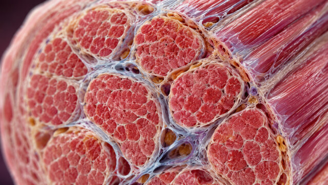 Microscopic cross section of muscle fiber bundle, interconnected by extracellular matrix, human anatomy, muscular system, exercise physiology, tissue structure