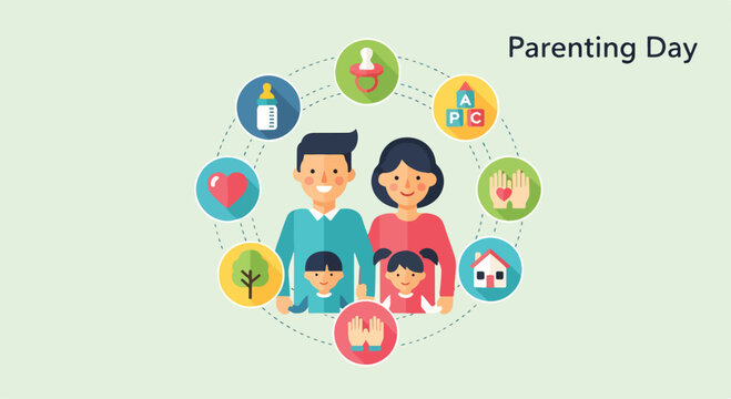 A cartoon family surrounded by parenting icons