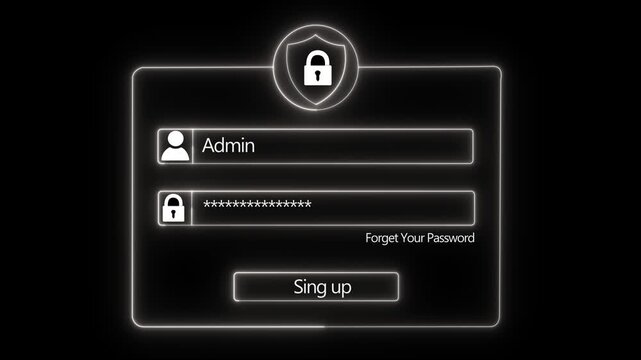Digital cyber security login interface featuring glowing neon admin credentials and password protection shield for secure user authentication systems and modern web application access control panels