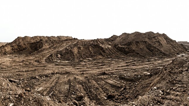 Panoramic view of a large construction site with piles of earth