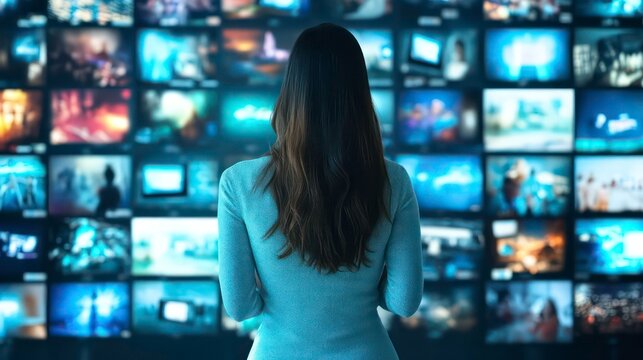 A woman stands in front of a wall of television screens. The screens are filled with various images and videos, creating a sense of chaos and disarray