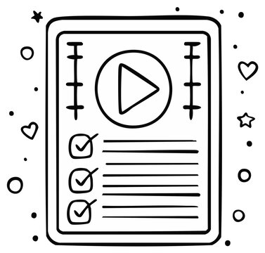 Hand drawn tablet device with play button checklist and scrollbar for online video content