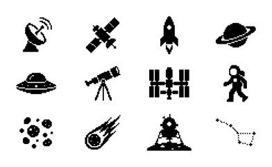 Space Icons Set: Rocket, Astronaut, Satellite, Telescope, UFO, Planet, Constellation, Asteroids, Lunar Lander, Space Station, Radar Dish, Comet - Vector Graphics © PixelArtBox
