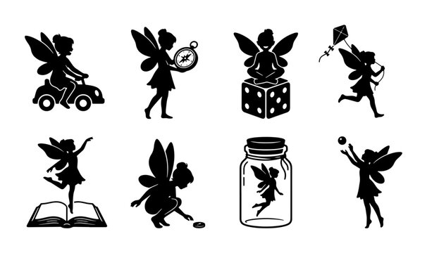 Whimsical Fairy Silhouettes Collection: Magical Beings in Playful Poses, 8 Vector Icons for Fantasy and Childhood Themes