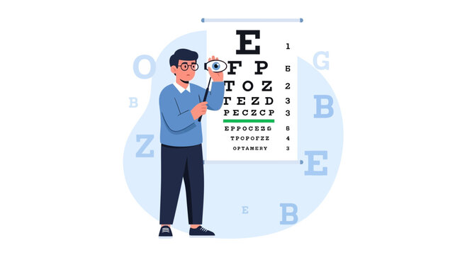 Optometrist examining patient with eye chart, vision test, eye care concept illustration