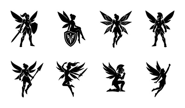 Fantasy Warrior Fairy Silhouettes, Mythical Winged Hero Icons, Magical Female Warrior Vector Set, Enchanted Creature Graphics