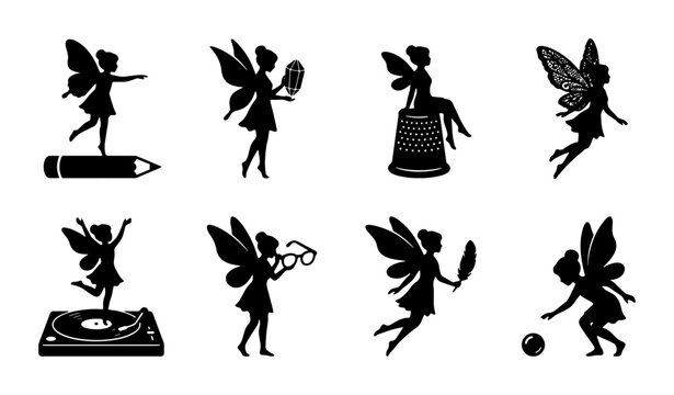 Whimsical Fairy Silhouettes, Magical Creatures, Enchanted Beings, Fantasy Art, Vector Icons for Storytelling and Decoration