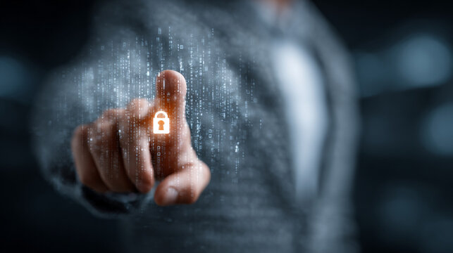 Cyber security concept, data protection, information security, and privacy a businessman touching a digital lock icon with binary code background