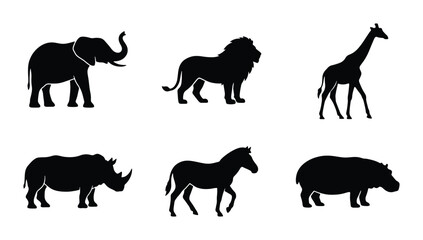 African Wildlife Silhouettes: Lion, Elephant, Giraffe, Rhino, Zebra, Hippo Icons © Anwara