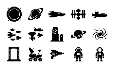 Space Icons Vector Set: Astronauts, Rockets, Planets, UFOs, and Sci-Fi Elements for Cosmic Designs © PixelArtBox