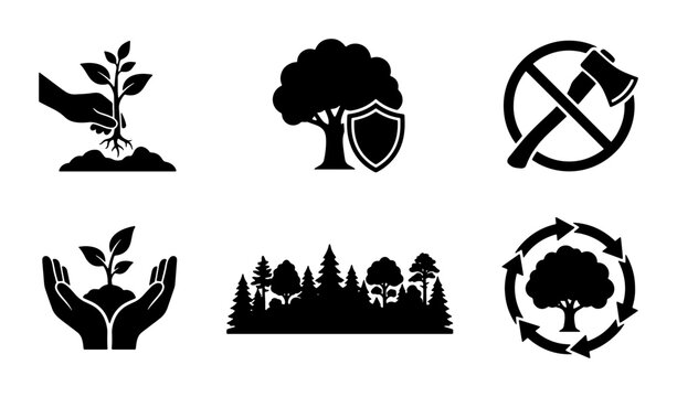Eco-friendly icons: planting, tree protection, deforestation ban, forest landscape, sustainable forestry, recycling tree