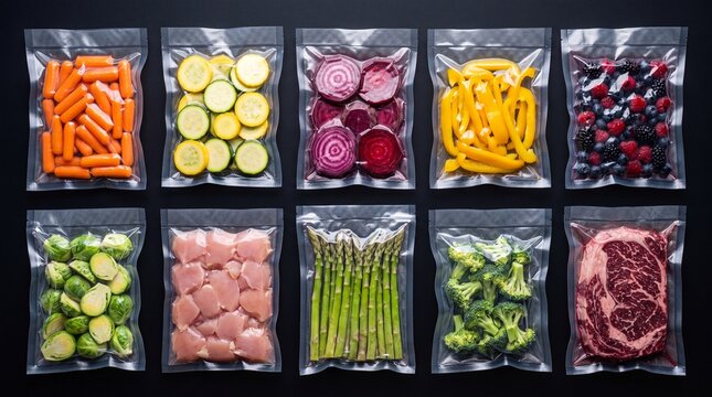 Assorted fresh food ingredients vacuum sealed in plastic bags