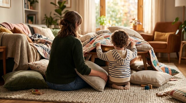 Cozy afternoon of building a fort with blankets and pillows with a mother and her child