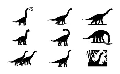 Dinosaur Silhouettes Collection, Brontosaurus Vector Icons, Prehistoric Animal Graphics, Jurassic Era Vector Set © Shakila