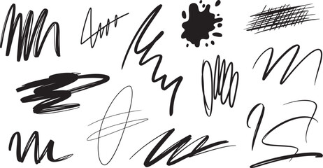 Obraz premium Assortment of black ink abstract scribbles, splatters, and line on white background line brush stroke