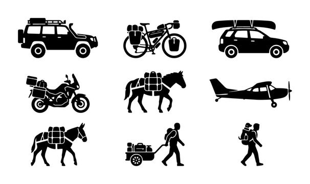 Adventure Travel Icons: SUV, Bicycle, Motorcycle, Horse, Mule, Plane, Hiker with Cart, Hiker with Backpack, Vector Set